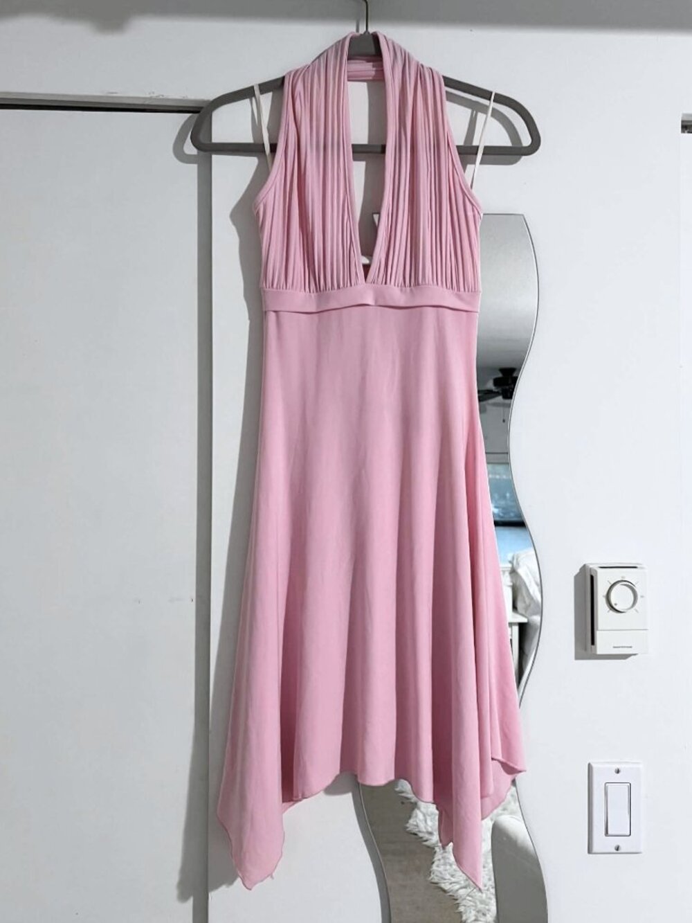 Vintage Y2K Powder Pink Halter Dress With Handkerchief Hem, Small